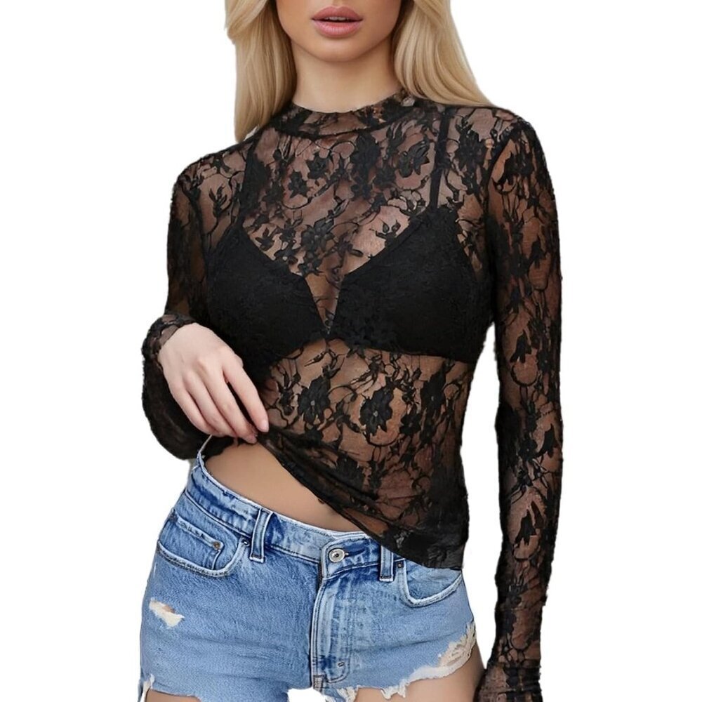 🆕Women Black Polyester Lace Sheer Long Sleeve Top Sexy See Through Y2K Blouse